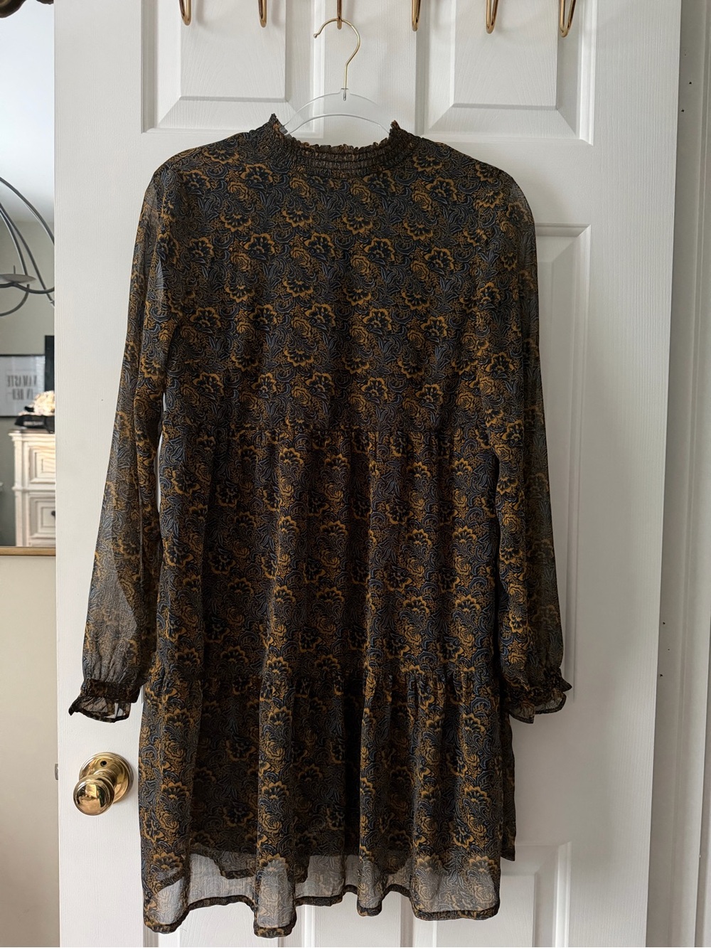 Promod Women’s  Long Sleeve Paisley Tiered Mini Dress in Black and Gold